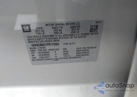 2015 Chevrolet Tahoe Lt из США, поврежденный, VIN 1GNSCBKC7FR170063